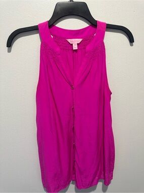 Lilly Pulitzer Silk Sleeveless Button Front Blouse Pink XS Smocked V-Neck